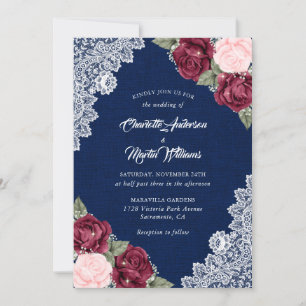 Burgundy Navy Blue Blush Burlap Floral Wedding Invitation