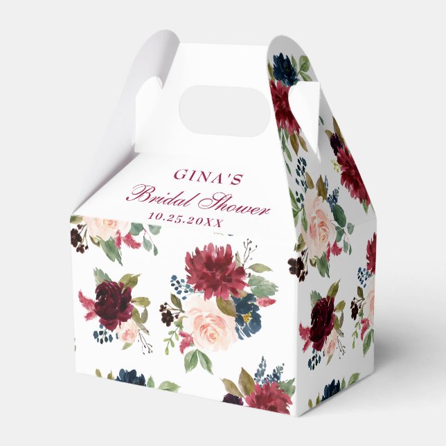 Burgundy Navy Blue Blush Floral Bridal Shower Favo Favour Box (Front Side)