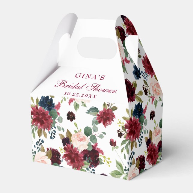 Burgundy Navy Blue Blush Floral Bridal Shower Favo Favour Box (Front Side)
