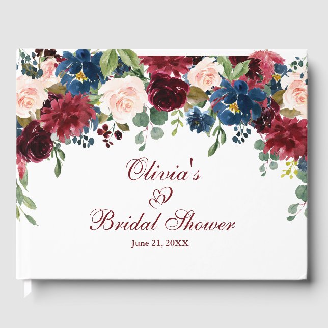 Burgundy Navy Blue Blush Floral Bridal Shower Guest Book (Front)