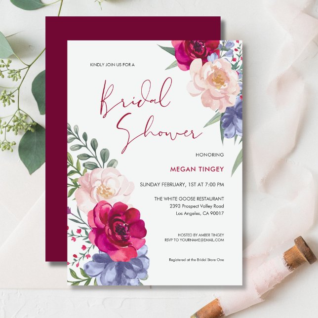 Burgundy Navy Blue & Blush Floral Bridal Shower Invitation (Creator Uploaded)