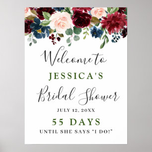 Burgundy Navy Blue Blush Floral Bridal Shower Poster