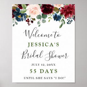 Burgundy Navy Blue Blush Floral Bridal Shower Poster
