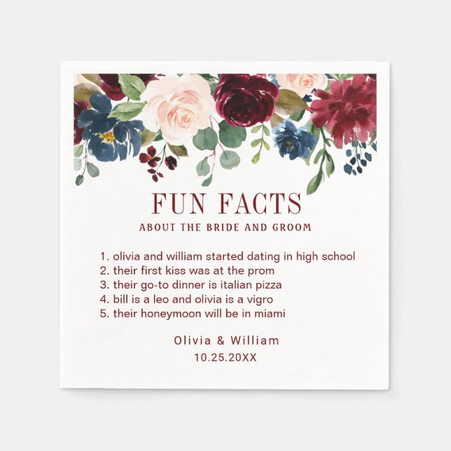 Burgundy Navy Blue Blush Floral Fun Facts Wedding Napkin (Front)