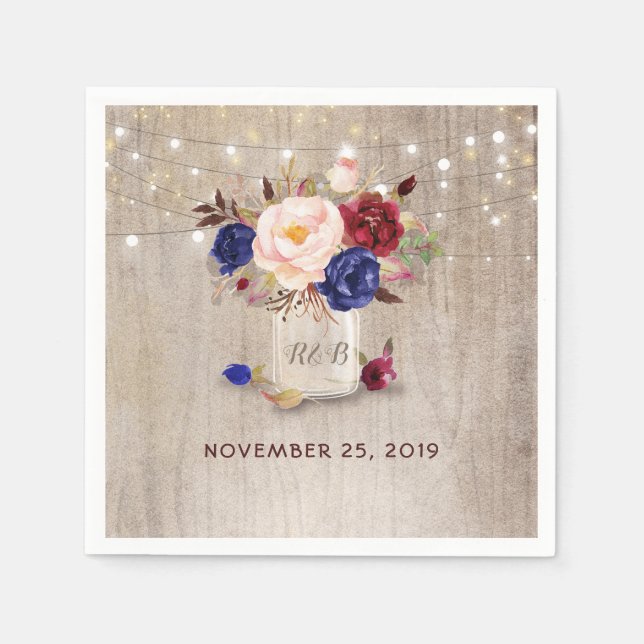 Burgundy Navy Blue Blush Floral Mason Jar Rustic Napkin (Front)