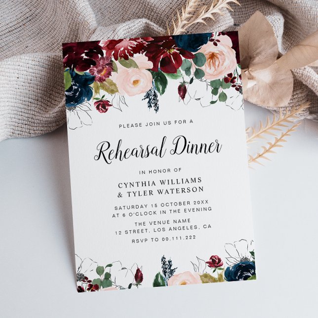 Burgundy navy blue & blush floral rehearsal dinner invitation (Creator Uploaded)
