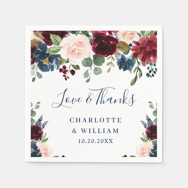 Burgundy Navy Blue Blush Floral Rustic Party Napkin (Front)