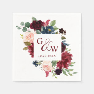 Burgundy Navy Blue Blush Floral Rustic Wedding Napkin