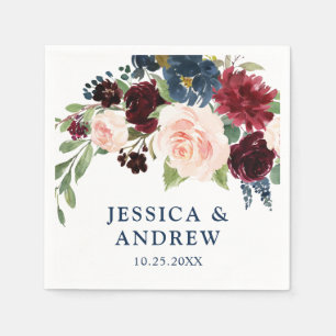 Burgundy Navy Blue Blush Floral Rustic Wedding Napkin