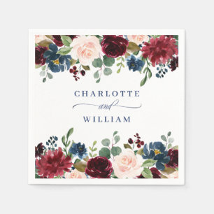Burgundy Navy Blue Blush Floral Rustic Wedding Napkin