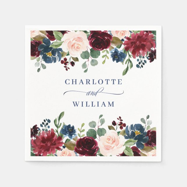 Burgundy Navy Blue Blush Floral Rustic Wedding Napkin (Front)