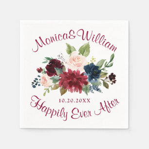 Burgundy Navy Blue Blush Floral Rustic Wedding Napkin