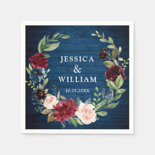 Burgundy Navy Blue Blush Floral Rustic Wedding Napkin