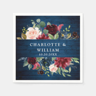 Burgundy Navy Blue Blush Floral Rustic Wedding Napkin