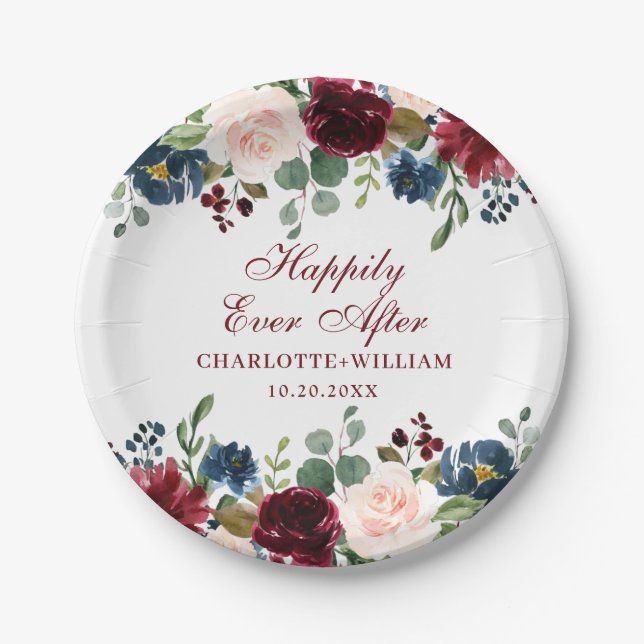 Burgundy Navy Blue Blush Floral Rustic Wedding Paper Plate (Front)