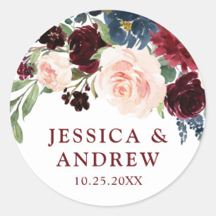 Burgundy Navy Blue Blush Floral Watercolor Wedding Classic Round Sticker