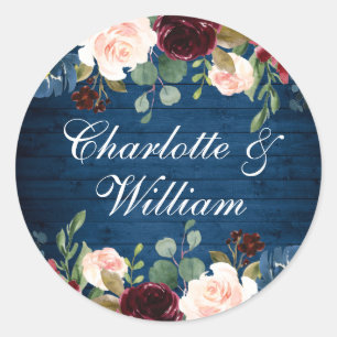 Burgundy Navy Blue Blush Floral Watercolor Wedding Classic Round Sticker