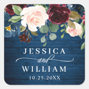 Burgundy Navy Blue Blush Floral Watercolor Wedding Square Sticker