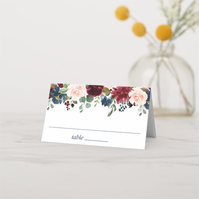 Burgundy Navy Blue Blush Floral Wedding Place Card (Front)