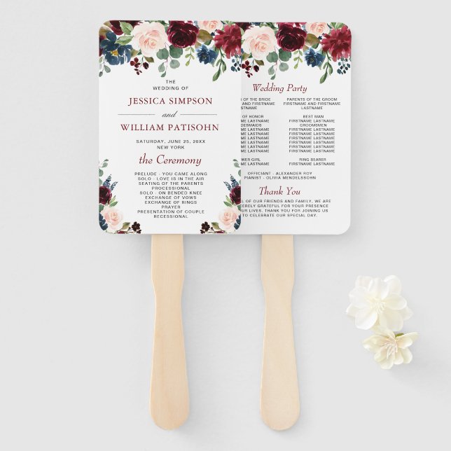 Burgundy Navy Blue Blush Floral Wedding Program Hand Fan (Front and Back)