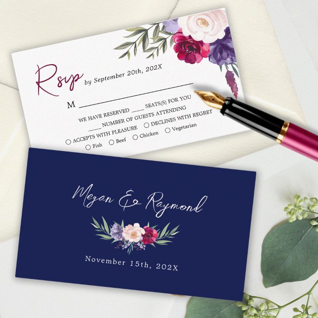 Burgundy Navy Blue Blush Floral Wedding RSVP Card (Creator Uploaded)