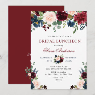Burgundy Navy Blue Blush Flowers BRIDAL LUNCHEON Invitation