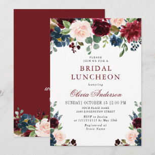 Burgundy Navy Blue Blush Flowers BRIDAL SHOWER Invitation