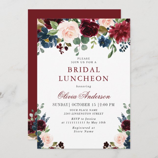 Burgundy Navy Blue Blush Flowers BRIDAL SHOWER Invitation (Front/Back)