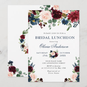 Burgundy Navy Blue Blush Flowers BRIDAL SHOWER Invitation