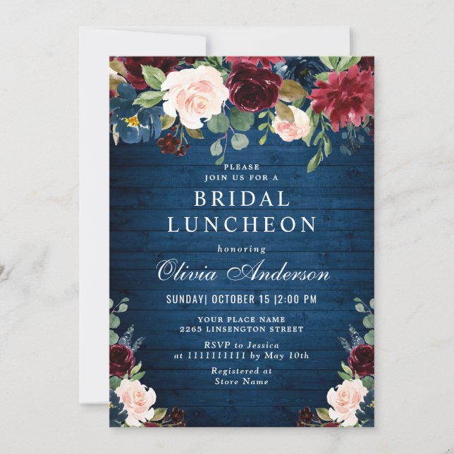 Burgundy Navy Blue Blush Flowers BRIDAL SHOWER Invitation (Front)