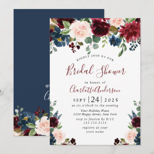 Burgundy Navy Blue Blush Flowers BRIDAL SHOWER Invitation