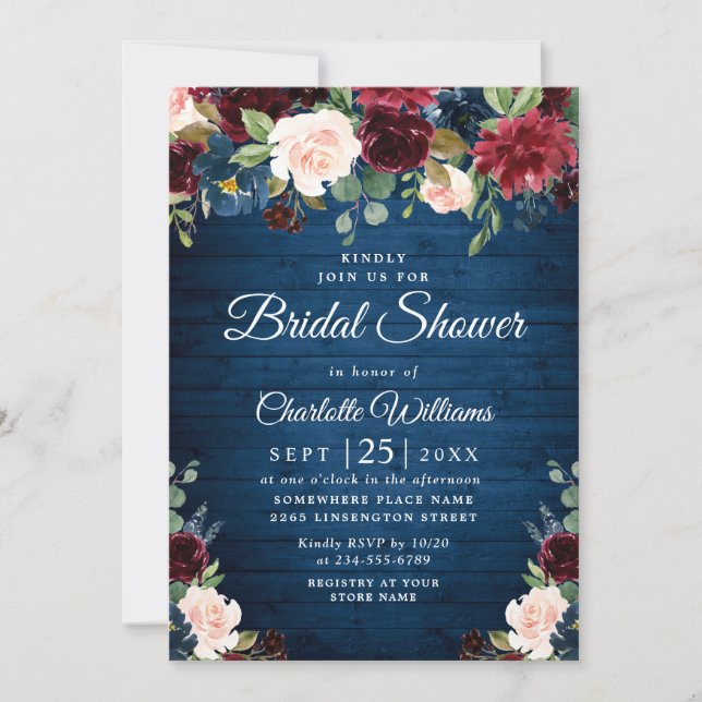Burgundy Navy Blue Blush Flowers BRIDAL SHOWER Invitation (Front)