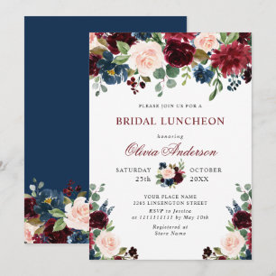 Burgundy Navy Blue Blush Flowers BRIDAL SHOWER Invitation