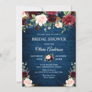 Burgundy Navy Blue Blush Flowers BRIDAL SHOWER Invitation