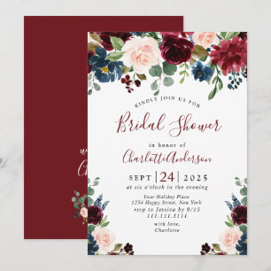 Burgundy Navy Blue Blush Flowers BRIDAL SHOWER Invitation