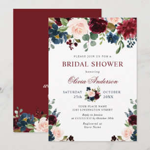 Burgundy Navy Blue Blush Flowers BRIDAL SHOWER Invitation