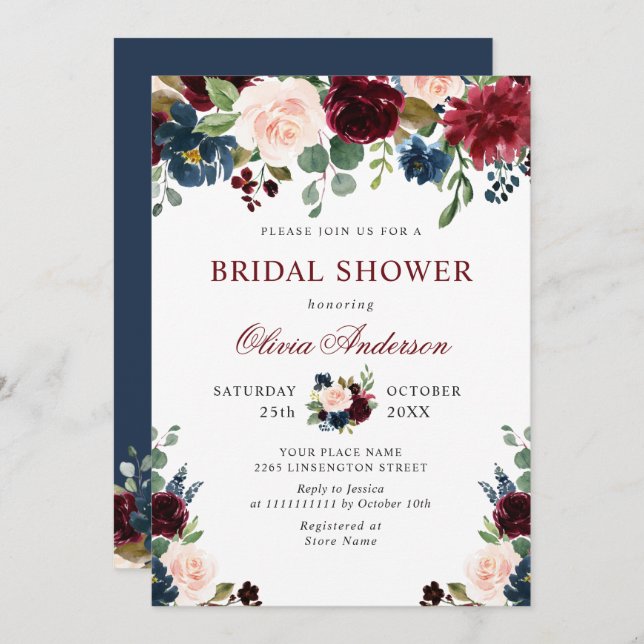 Burgundy Navy Blue Blush Flowers BRIDAL SHOWER Invitation (Front/Back)