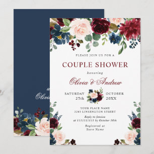Burgundy Navy Blue Blush Flowers COUPLE SHOWER Invitation