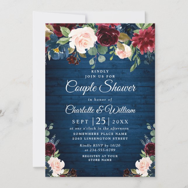 Burgundy Navy Blue Blush Flowers COUPLE SHOWER Invitation (Front)