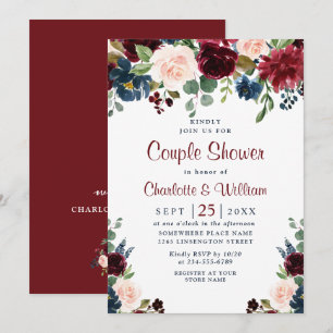 Burgundy Navy Blue Blush Flowers COUPLE SHOWER Invitation