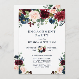 Burgundy Navy Blue Blush Flowers ENGAGEMENT PARTY Invitation