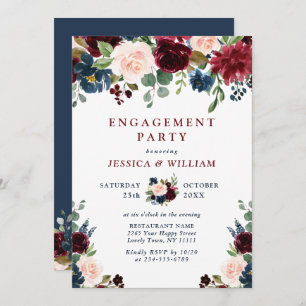 Burgundy Navy Blue Blush Flowers ENGAGEMENT PARTY Invitation