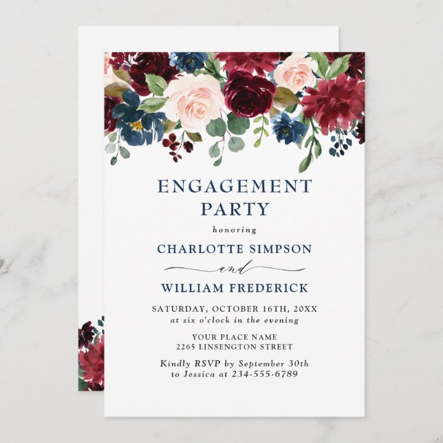Burgundy Navy Blue Blush Flowers ENGAGEMENT PARTY Invitation (Front/Back)