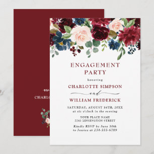 Burgundy Navy Blue Blush Flowers ENGAGEMENT PARTY Invitation