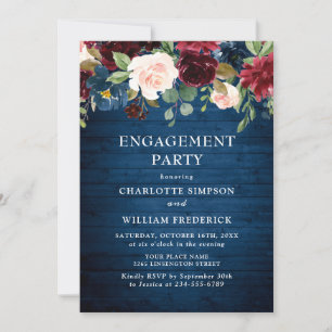 Burgundy Navy Blue Blush Flowers ENGAGEMENT PARTY Invitation