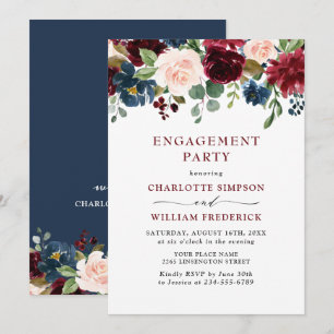 Burgundy Navy Blue Blush Flowers ENGAGEMENT PARTY Invitation