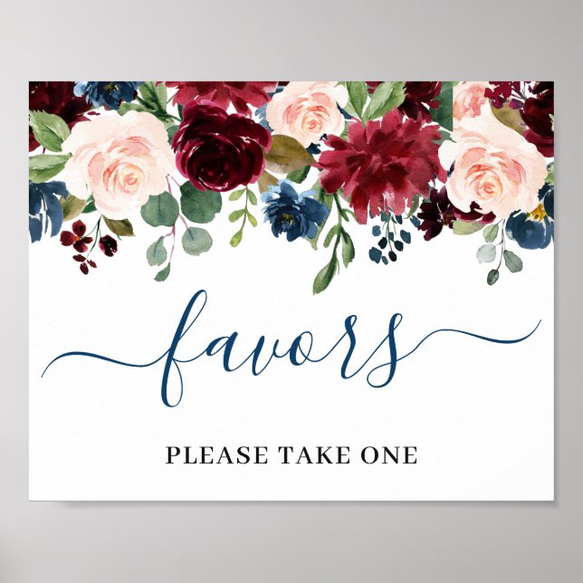 Burgundy Navy Blue Blush Flowers Favors Wedding Poster (Front)