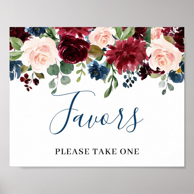 Burgundy Navy Blue Blush Flowers Favours Wedding Poster (Front)