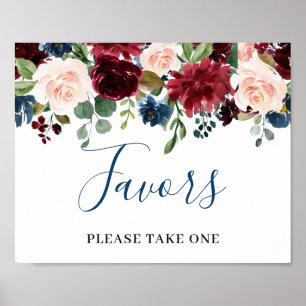 Burgundy Navy Blue Blush Flowers Favours Wedding Poster