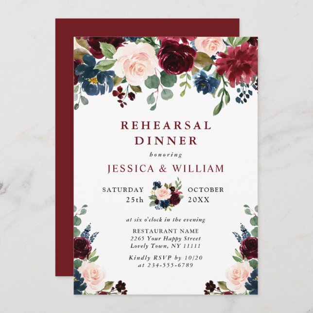 Burgundy Navy Blue Blush Flowers REHEARSAL  DINNER Invitation (Front/Back)